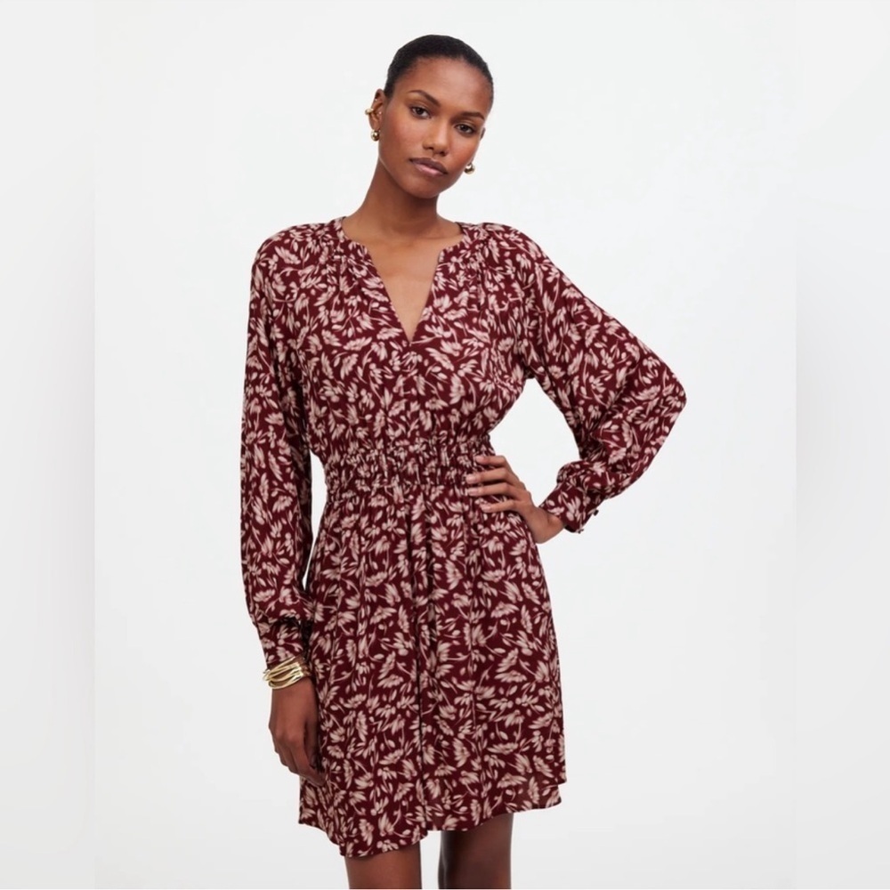 Madewell floral smocked Y neck mini long sleeve dress size XXS